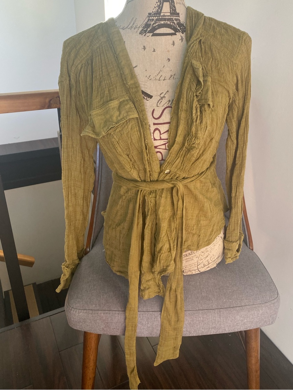 We The Free Olive Green Crinkled Wrap Tunic with Tie